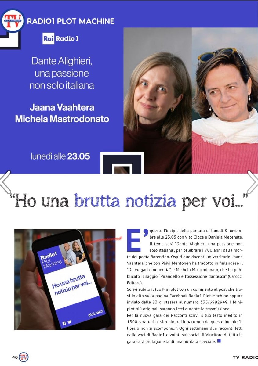 Crea #latuastoriachenoncera 
retwittala qui

Alle 23.05 <a href="/Radio1Rai/">Rai Radio1</a>

con <a href="/vitociox/">Vito Cioce</a>
<a href="/danielamecenate/">Daniela Mecenate</a>

Ospiti
#JaanaVaahtera 
<a href="/UniTurku/">Turun yliopisto - University of Turku</a>

<a href="/MixGeru/">Michela Mastrodonato</a>
<a href="/LettresSorbonne/">Faculté des Lettres Sorbonne Université</a>
<a href="/Caroccieditore/">Carocci editore</a>

@RadiocorriereTv

<a href="/LIndiceOnline/">L'Indice dei Libri del Mese</a>

<a href="/paoloigna1/">paolo ignazio marong</a>

<a href="/CasaScrittori/">Casa degli Scrittori</a>