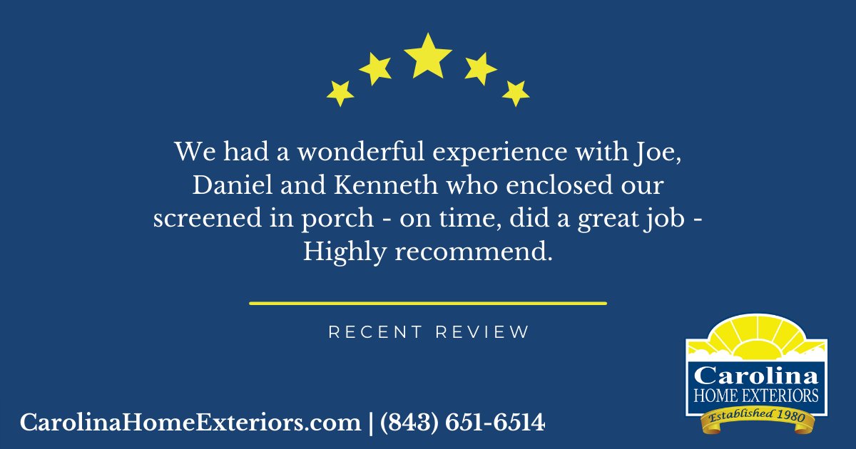 CarolinaHomeExt's tweet photo. Recent Review: We had a wonderful experience with Joe, Daniel and Kenneth who enclosed our screened in porch - on time, did a great job - Highly recommend.

#googlereview #5starservice #myrtlebeachsc https://t.co/jJb1Fr9OHQ