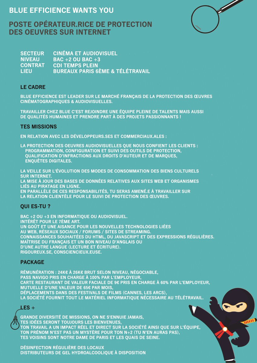 BlueEfficience's tweet photo. 🎉 Blue Efficience recrute : Opérateur.rice de Protection des œuvres sur internet.

📩Postulez à notre offre sur notre site internet ici : https://t.co/IA2v8EbIct

Ou bien en envoyant votre candidature à : emploi@blue-efficience.com

💡N'hésitez pas à partager cet offre ! https://t.co/uTlcy8aF12