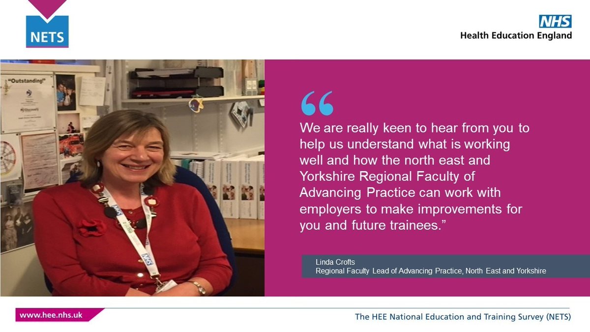 NHSWTE_NEY's tweet photo. Regional Faculty Lead for Advancing Practice in North East and Yorkshire Linda Crofts, @crofts77 , shares why it is important for all #TraineeACPs to complete the #NETS. Don't delay, complete the survey today and help shape the training of future ACPs ๐ https://t.co/cbehY7wOvm https://t.co/8bJ39JeFCk