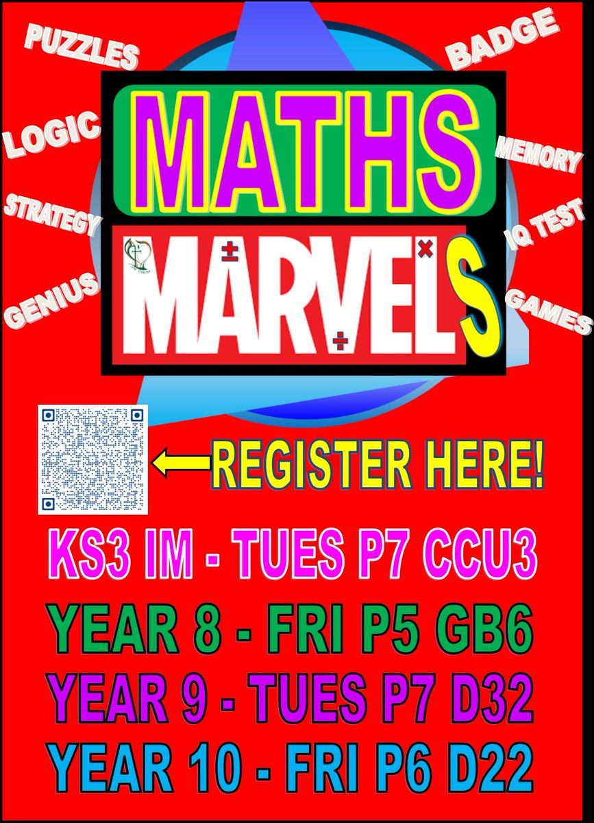 MathsStCaths's tweet photo. BREAKING NEWS!!
Maths Marvels is here!
Are you the next Genius of St Catherine's? Do you enjoy completing puzzles? If so then Maths Marvels is for you! Scan the QR code to register...don't forget to turn up during your designated time! #mathletesinthemaking #mathsmarvels ๐ฅณ๐งฎ๐
https://t.co/sBdhHRyhUp