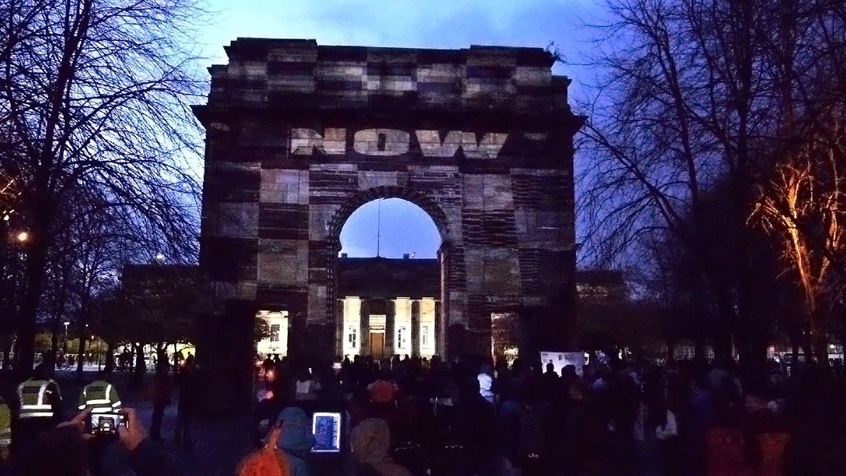 THE TIME IS NOW McLennan Arch -Glasgow Green March on COP - 6 November setting up in a massive crowd - awesome! @helmartsscotland Supported by @creativescots @sustrans @transportscotland @scottishcanals  #ForestVideoLab #ArtRoots #GreenActionTrust
