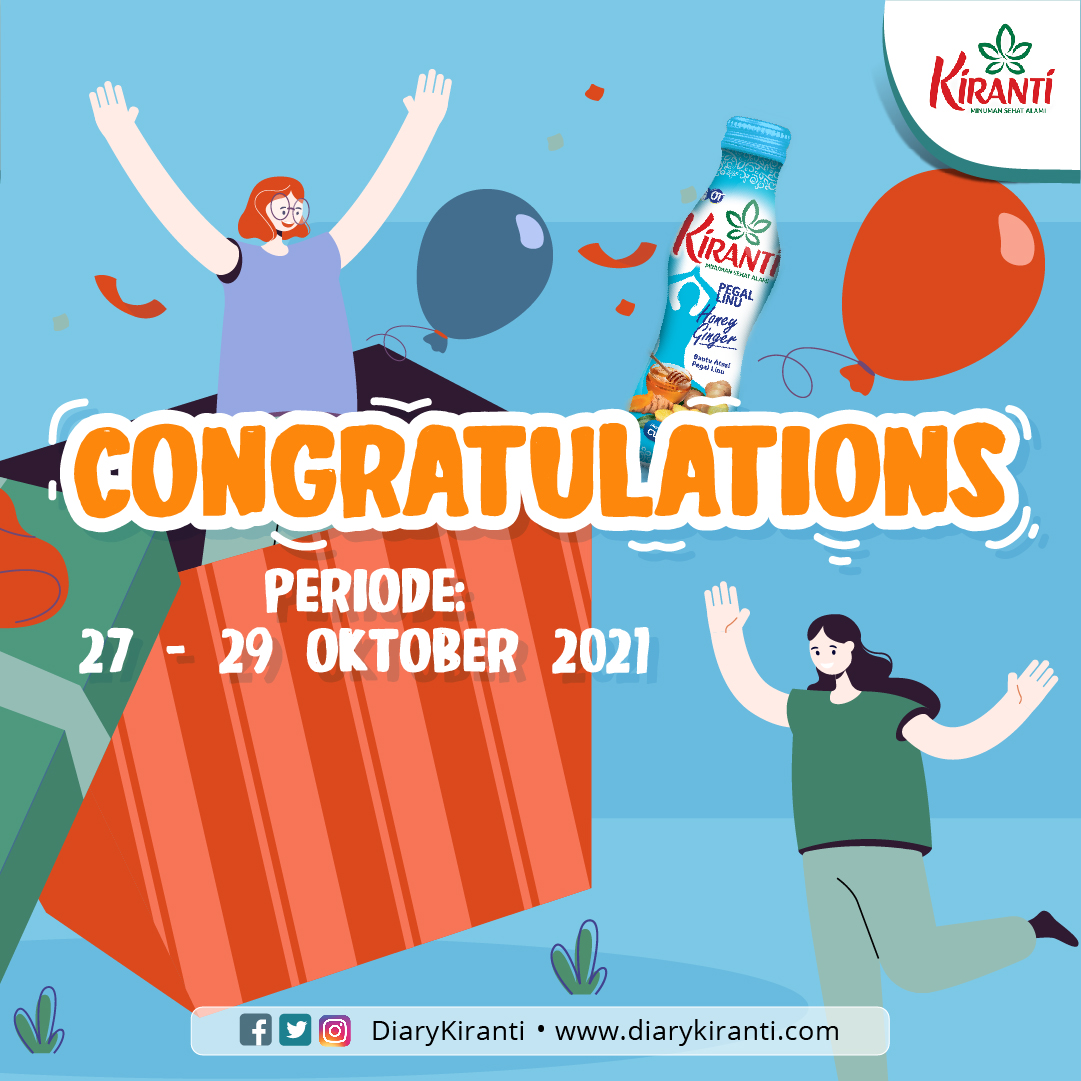 Selamat kepada para pemenang #MiniquizKiranti periode: 27 - 29 Oktober 2021 ya! Yuk, segera kirimkan data kamu ke inbox Diary Kiranti berupa:
Nama
Alamat lengkap
No. HP
No. KTP
Email

Data paling lambat ditunggu sampai 10 November 2021 ya, Ladies.:D

#Kiranti #DiaryKiranti