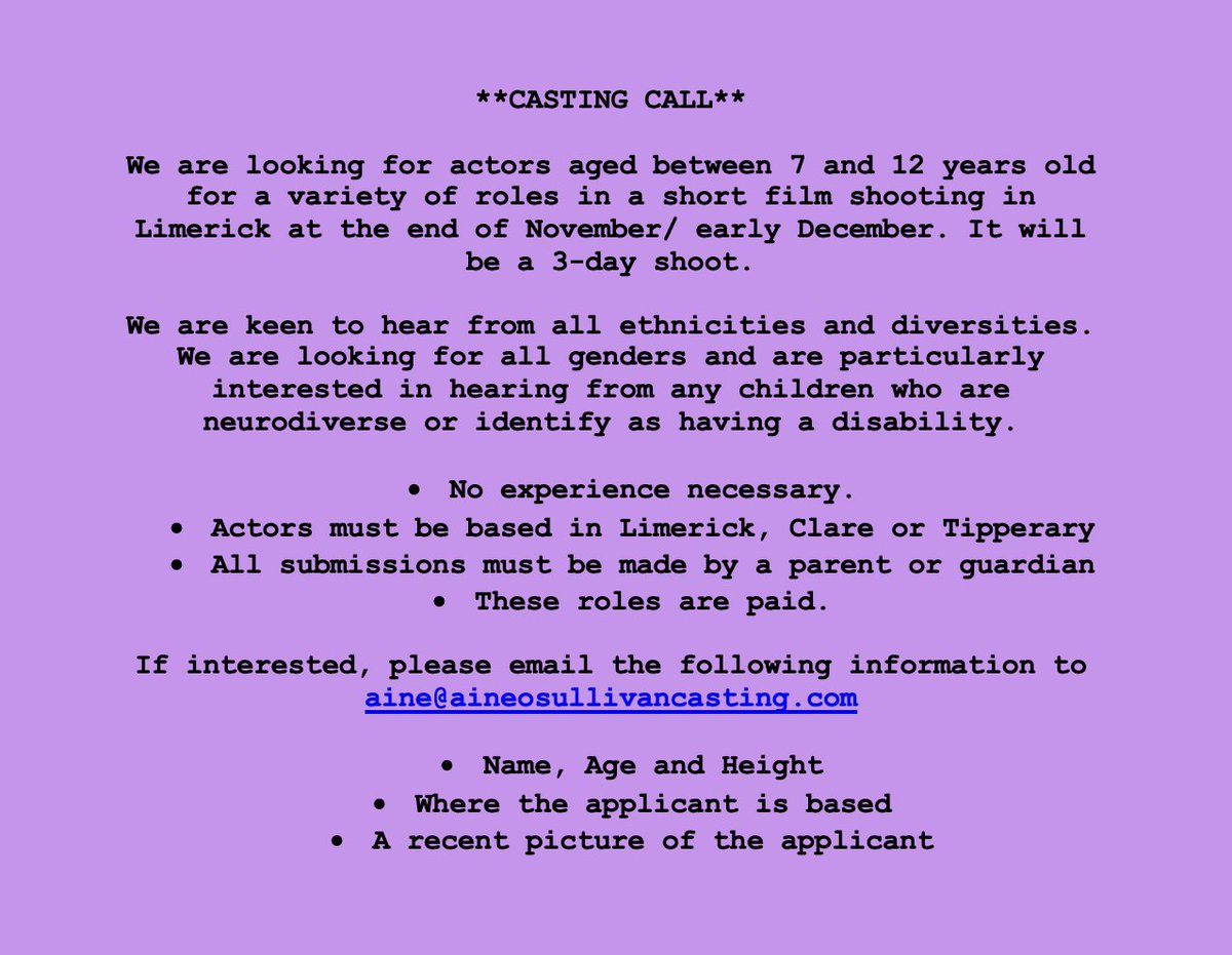 Casting Call for young actors in Limerick, Clare and Tipperary. #Limerick #Clare #Tipperary