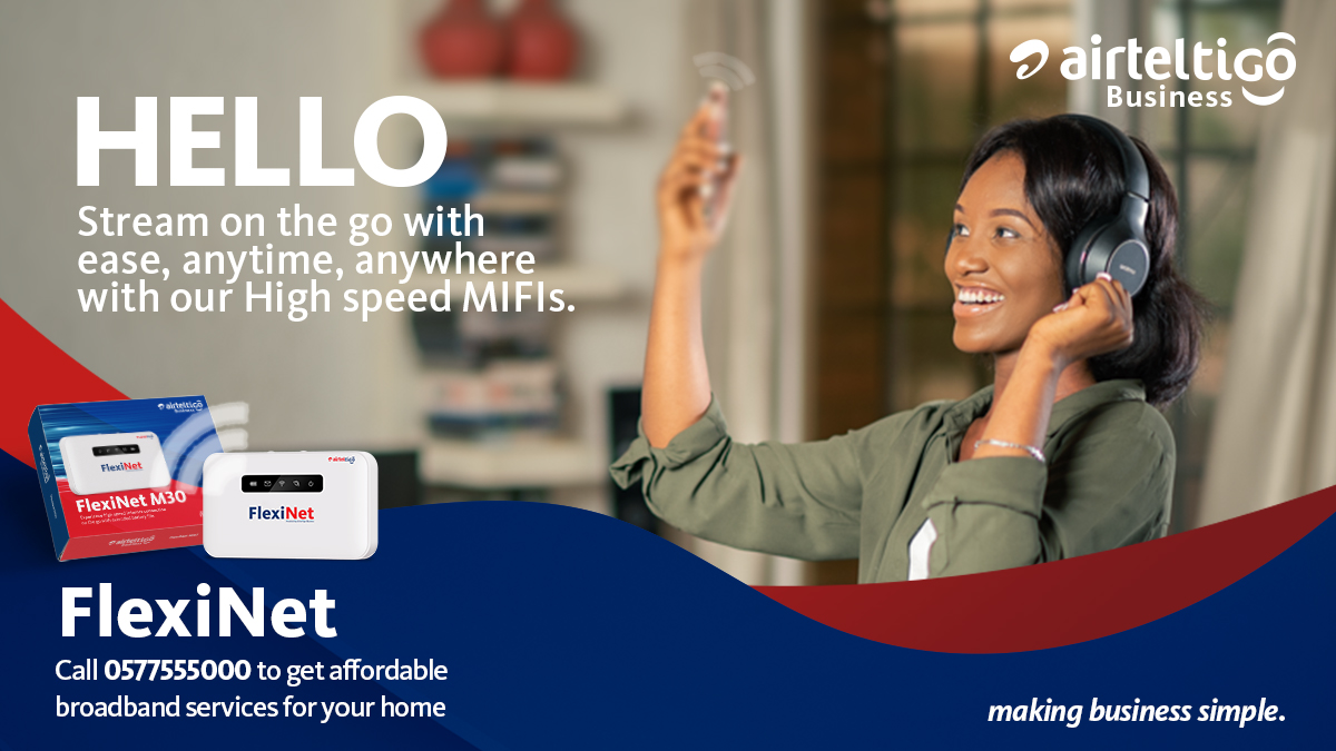 theatghana's tweet photo. Experience high-speed internet with the #FlexiNet MiFi.
This MiFi comes with an in-built battery plus 10GB free #AirtelTigo data at GH₵ 280 only.
Call 0577555000 to grab yours now! #LifeIsSimple #AirtelTigoBusiness https://t.co/I1I3WnX2fS