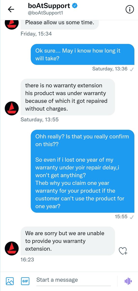 MidhunJohnJ's tweet photo. @boAtSupport1 so your final confirmation is that “sorry, you won't be able to support“?
I have reported a concern an dit took 5 months for your team to reslove it. Thats too after multiple follow ups. So when i asked for warranty extension for the period i lost no support from u https://t.co/pREPrEN3dX