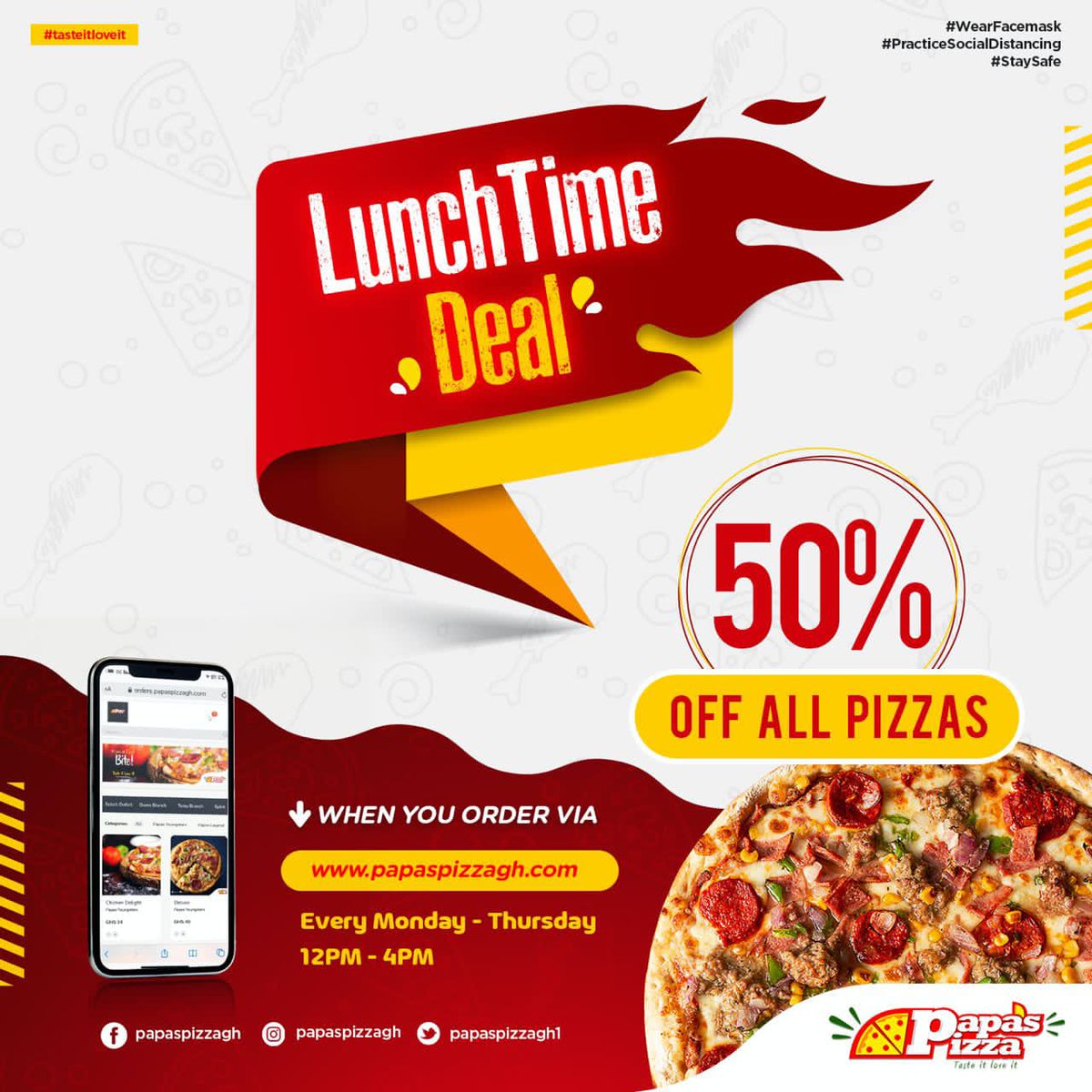 papaspizzagh1's tweet photo. Eat more pizza, Save more money.
Pay 𝐇𝐚𝐥𝐟 𝐏𝐫𝐢𝐜𝐞 for all pizzas
Available on our website https://t.co/fe3PTsV8KC
12pm-4pm
#papaspizzagh #tasteitloveit #halfoff #lunchtimedeal https://t.co/yQ3lcMwoKX