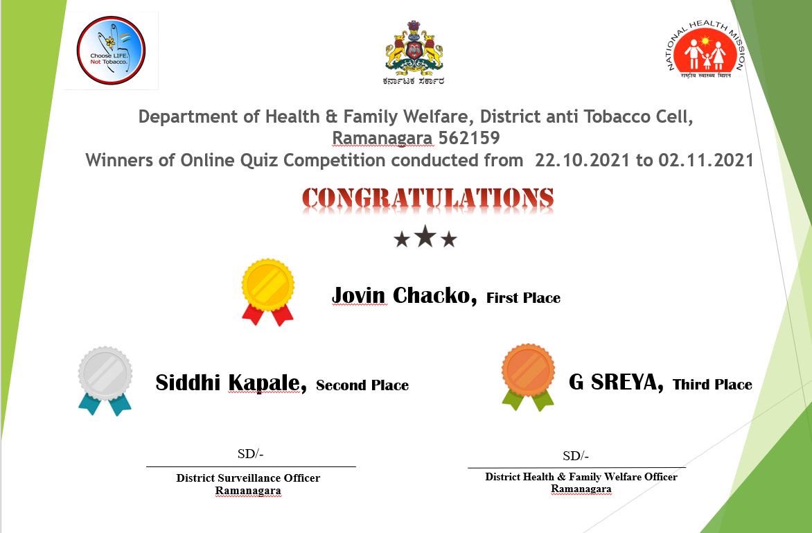 NtcpRamanagara's tweet photo. Sharing the results of Online quiz competition conducted from 22/10/2021 to 02/11/2021 click on the link https://t.co/pU2MRLCw53… @ZPramanagara @VRmgm @DHFWKA @AAmithraj @sp_ramanagara @DEORamanagara https://t.co/ASsd5QhX16