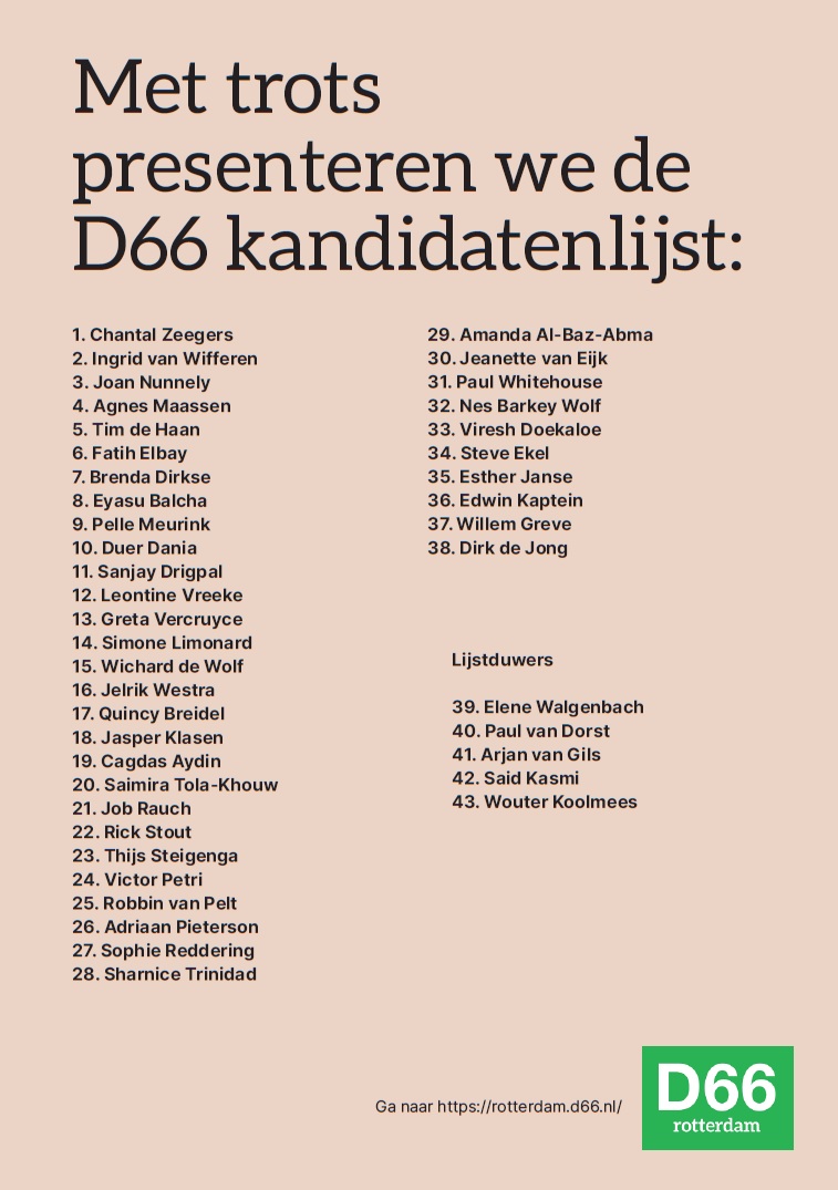 Met trots presenteren we de kandidaten voor de #GR22 verkiezingen. 

Lijsttrekker <a href="/ChantalZeegers/">Chantal Zeegers ( harsh_arora )</a>:

"Heel fijn dat zo’n hele diverse en enthousiaste groep aan de slag wil gaan in de Rotterdamse politiek. Hiermee kunnen we echt het verschil gaan maken. Voor een progressieve stad."