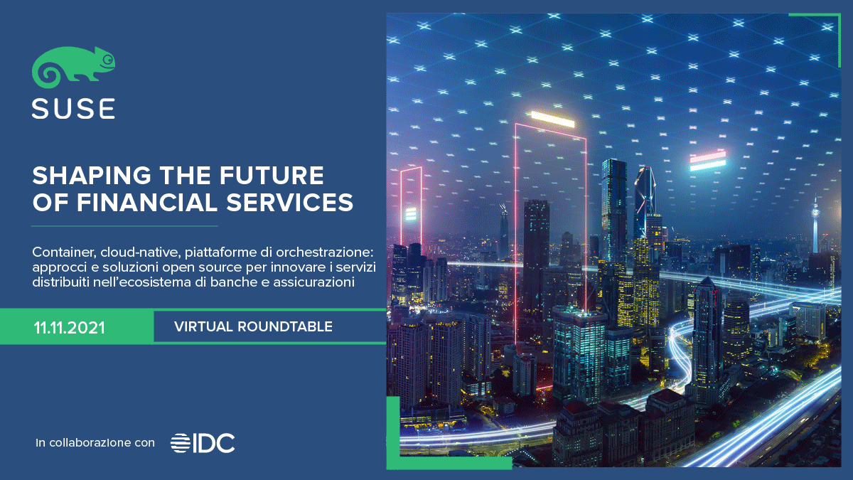 IDCItaly's tweet photo. Le aziende finanziarie europee considerano l'allineamento con le direzioni #opensource cloud-native uno dei principali requisiti per innovare l'infrastruttura digitale.

Per saperne di più, partecipa alla tavola rotonda virtuale di IDC e @SUSE_Italia ➡ https://t.co/0EHjKTGInH https://t.co/gLwlEKLiD1