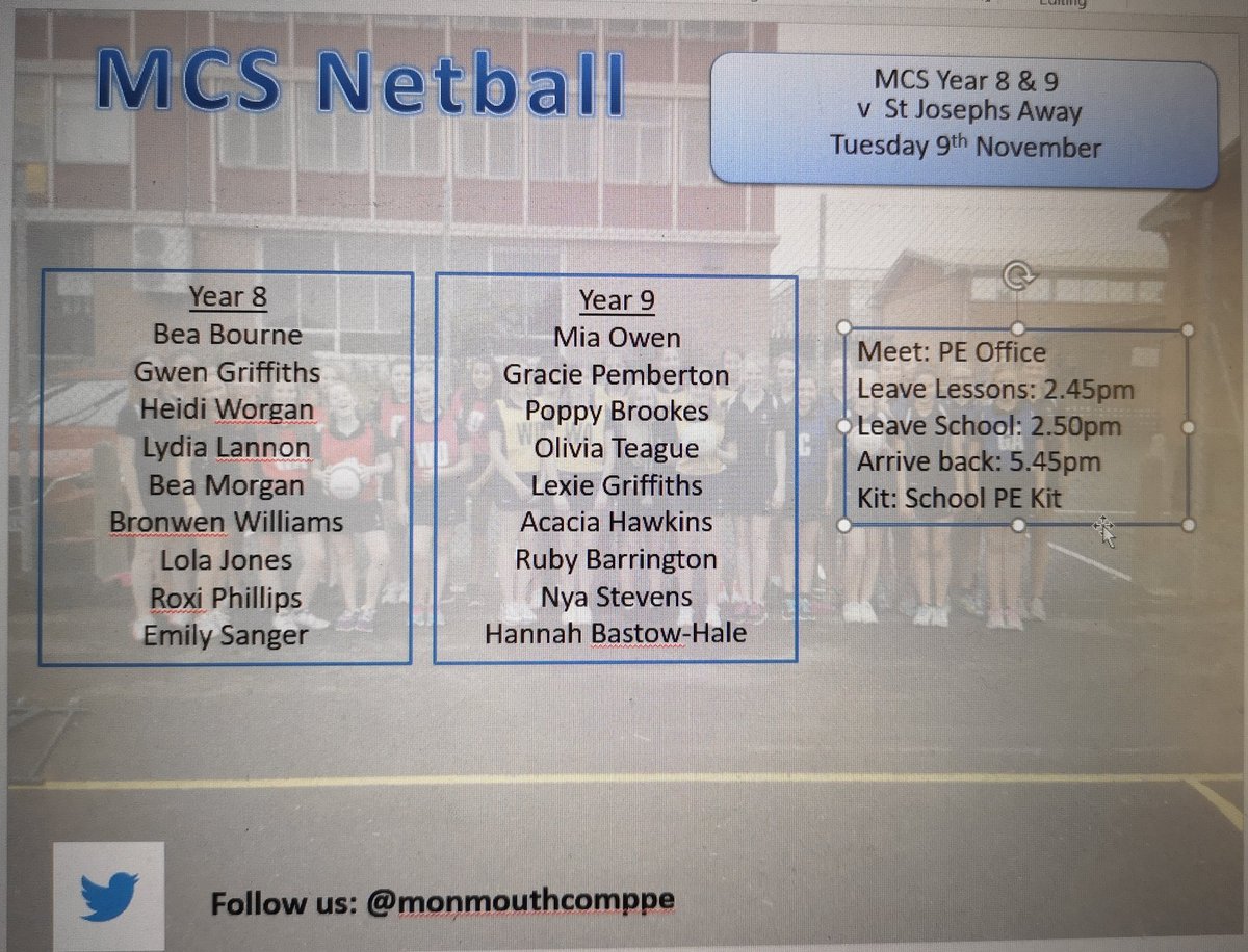📣🏐 Reminder: Year  8 &amp; 9 Netball match is away tomorrow against St Josephs (Tuesday 9th November) 🏐<a href="/LearnWithMCS/">Monmouth Comprehensive School</a>