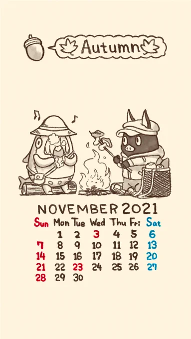 先日アップしたイナズマデリバリーの11月の秋の壁紙カレンダーですが31日がありました…。11月は30日までです。大変申し訳ありません…!差し替えていただければ幸いです!#イナズマデリバリー #inazmadelivery  #11月 #11月 #焼いも #秋 #壁紙 #wallpaper #カレンダー #calendar 