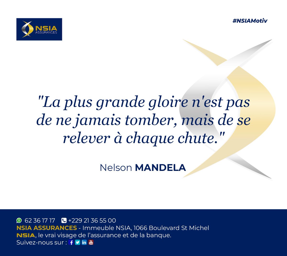 [#NSIAMotive]

⚡️Apprendre à se relever après chaque chute est courageux et glorieux.

☀️ Très bonne semaine de travail à tous.
#Motivation #Bonnesemaine #NSIAAssurances #GroupeNSIA #Benin #Assurances #Wasexo
