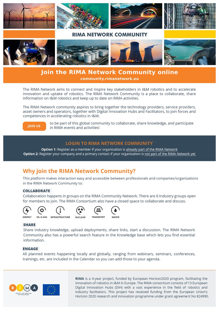 NetworkRima's tweet photo. Join now the @NetworkRima online #Community!

https://t.co/dw3MJ0g022

Aiming to #connect, #share and #inspire key stakeholders in I&amp;M #robotics to accelerate innovation and uptake of robotics.  

Join us to be part of this global #robotics community! https://t.co/VTeZ4GpbZe