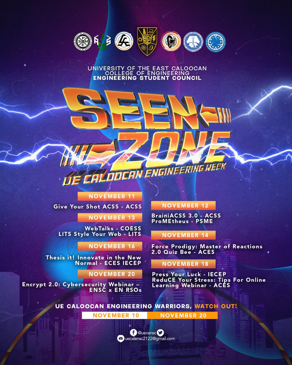 UECENSC's tweet photo. Seen Zone: UE Caloocan Engineering Week [November 10 - November 20]🧡

For more details, visit https://t.co/B2Parnsc3F

We will surely make your week thrilling!
STAY TUNED FOR MORE UPDATES!

#SeenZone #ENWeek 
#ENSC2122 #PadayonEN https://t.co/ApKA1GO9L3