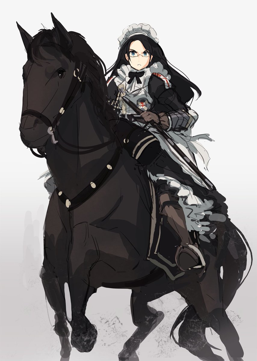 1girl horseback riding black hair horse maid headdress riding long hair  illustration images