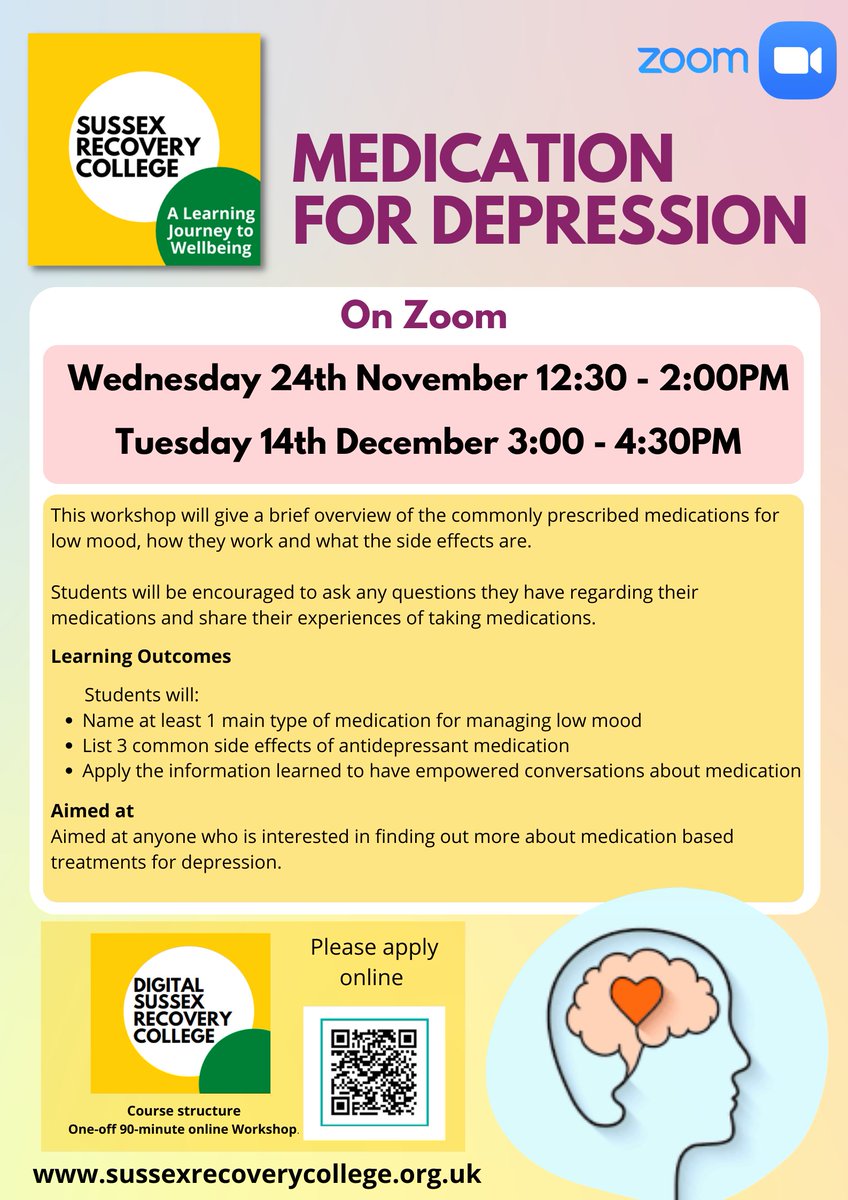 Sussex Recovery College (@susreccoll) on Twitter photo New workshops on Zoom Medication for Depression.
Apply now at sussexrecoverycollege.org.uk
<a href="/withoutstigma/">SPFT - No longer in use</a> New workshops on Zoom Medication for Depression.
Apply now at sussexrecoverycollege.org.uk
<a href="/withoutstigma/">SPFT - No longer in use</a>