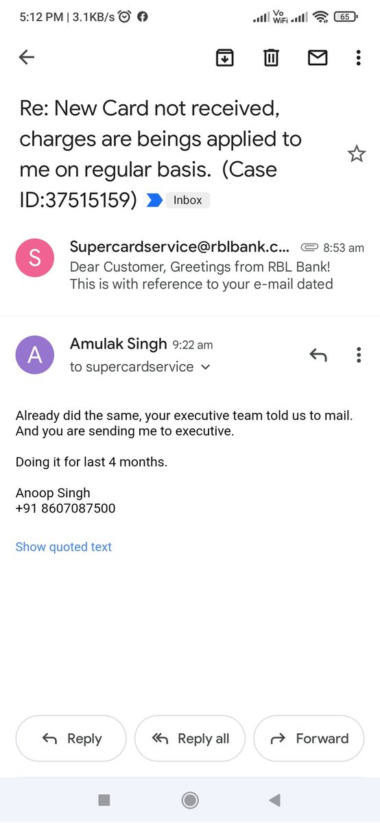SinghAmulak's tweet photo. @RBLBankCares Did everything, executive are redirecting me to mail, mail ar redirecting me to executive. Used this platform, you are saying to go back. appreciating your efforts. https://t.co/YgibAOGuO0