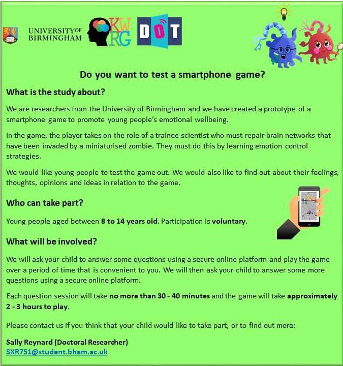 Do you want to test a #smartphonegame for #emotionalwellbeing ? 

We would like young people to play our smartphone game for emotional wellbeing and answer some questions online about their experience of it.

If you would like to take part, please get in touch!
<a href="/projektDOT/">D.O.T.</a>