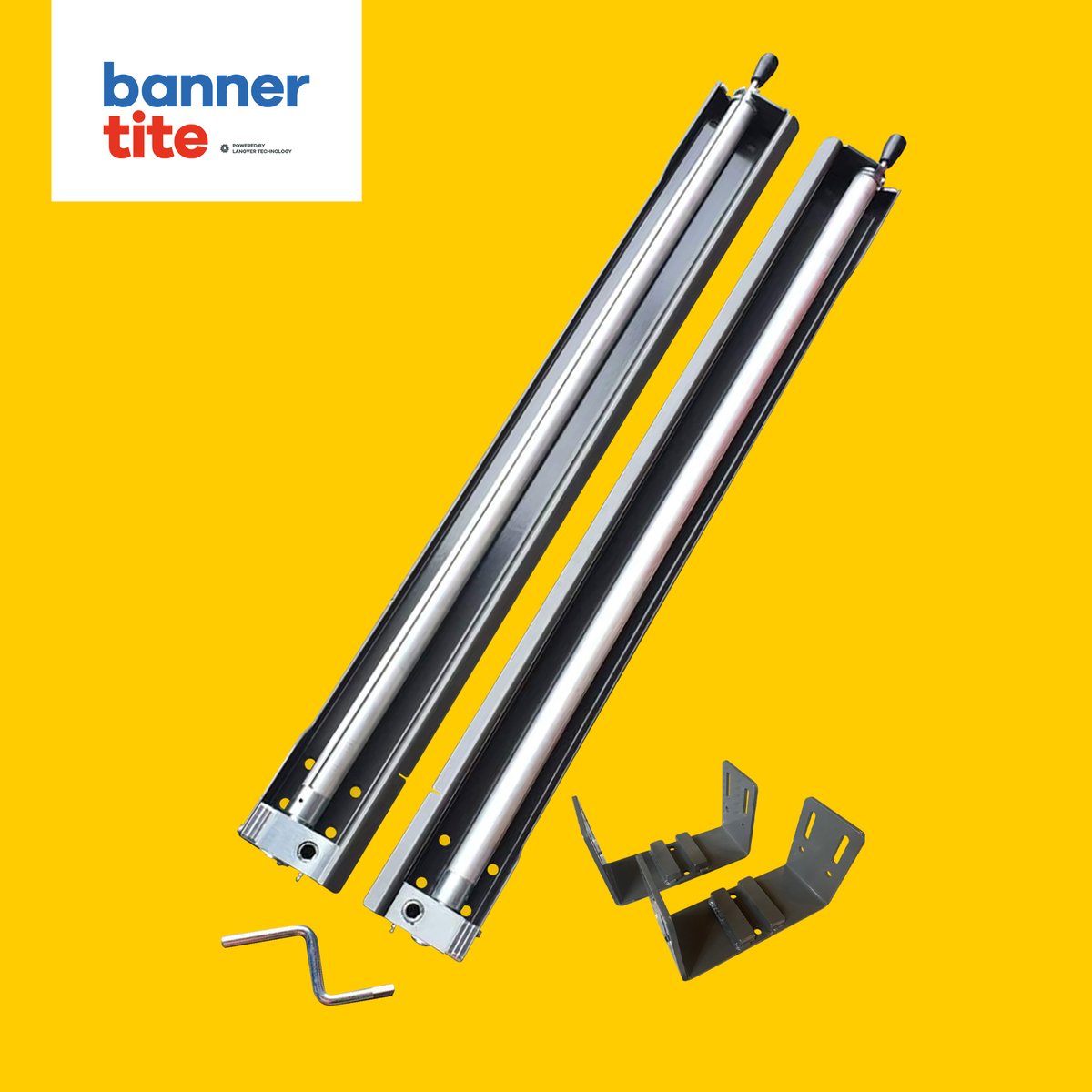 All of our Bannertite systems are supplied fully assembled!

A standard kit contains
✅ 2 tension pillars
✅ 2 tension poles
✅ 2 pocket rods
✅ 2 drive gearboxes
✅ 1 winding handle
✅ Mounting bolts

➕Additional extras include mounting brackets for bespoke attachament