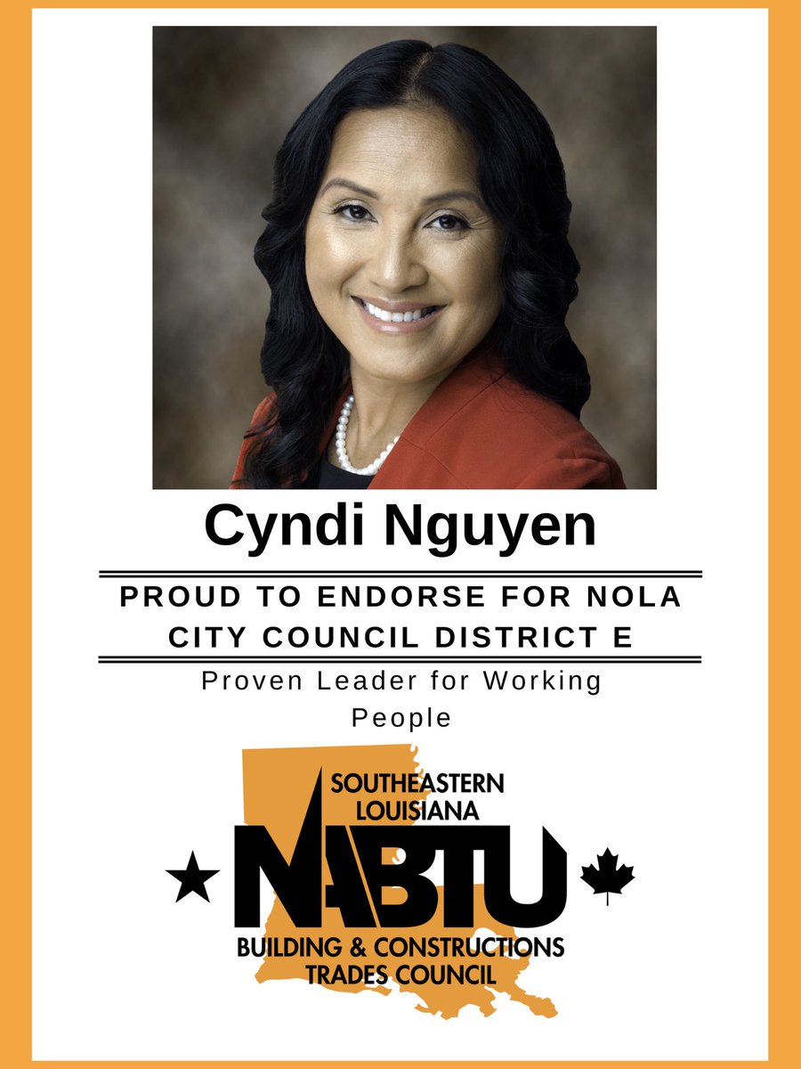 se_trades's tweet photo. It's our honor to endorse Cyndi Nguyen for NOLA City Council District E. https://t.co/lB25Ju4vKL