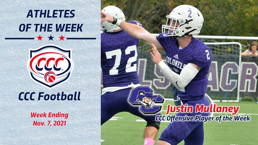 #CCCFB | Justin Mullaney scored twice for <a href="/CurryColonels/">Curry College Colonels</a> in their 28-14 CCC Football win over Nichols. He completed 66.7 percent of his passes for 138 yards and rushed for 82. He was named the Offensive Player of the Week for his performance.

READ: cccathletics.com/sports/fball/2…

#d3fb