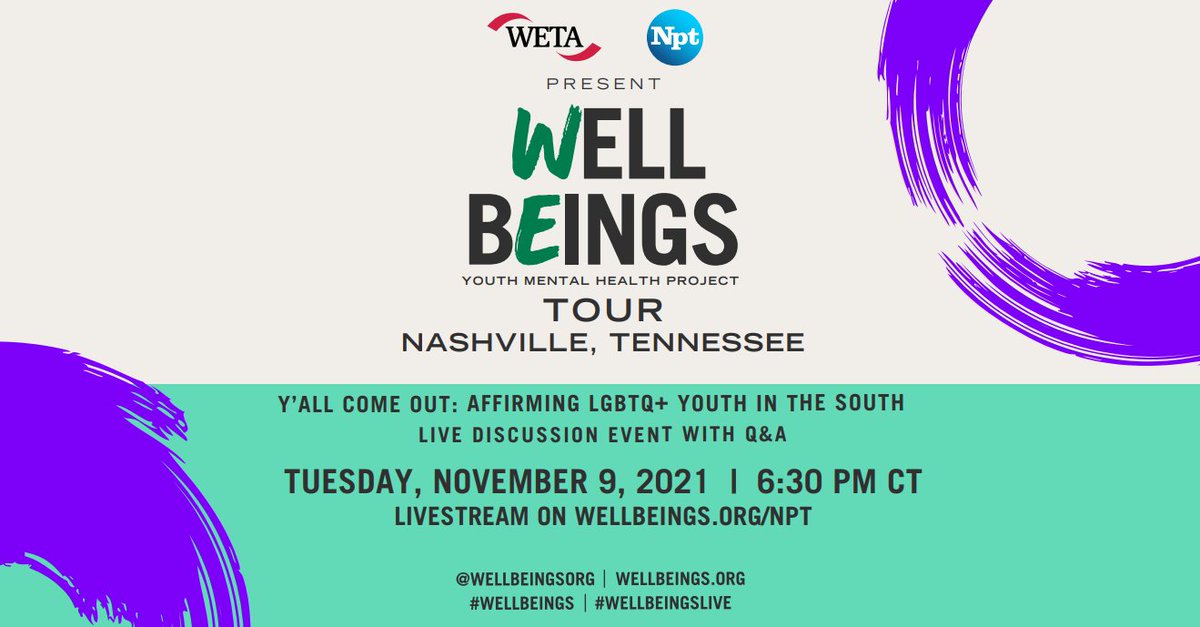 wellbeingsorg's tweet image. On Nov.9th at 6:30 CT, join @npt8 and @WellBeingsOrg for a virtual discussion on the #mentalhealth of Southern LGBTQ+ youth. Hear from counselors, experts, and more to help bring understanding and equality to LGBTQ+ youth. Visit wellbeings.org/npt to learn more. #WellBeings