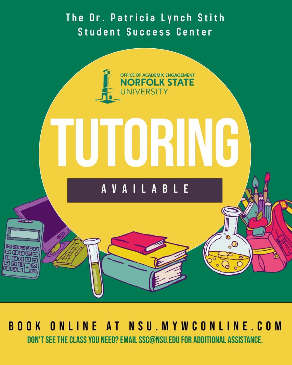 LibrarySpartans's tweet photo. Struggling in Chem lab? Need a conversation partner for Spanish class? Want to make sure you ace Calc? Sign up for free tutoring at https://t.co/EQtgDLvqBB  #knowledgeispower @Norfolkstate https://t.co/HLpK65h9Pk