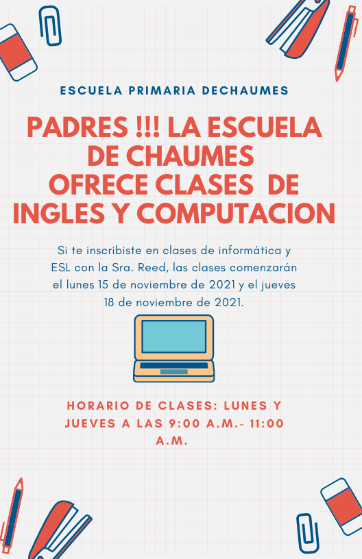 ErinDeChaumes's tweet photo. Good morning Parents,
If you signed up for computer and ESL classes with Ms. Reed, classes will start Monday, November 15, 2021 and Thursday, November 18, 2021. https://t.co/uZ2uA3YZSB