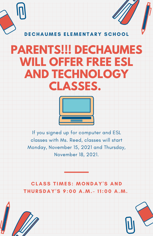 ErinDeChaumes's tweet photo. Good morning Parents,
If you signed up for computer and ESL classes with Ms. Reed, classes will start Monday, November 15, 2021 and Thursday, November 18, 2021. https://t.co/uZ2uA3YZSB
