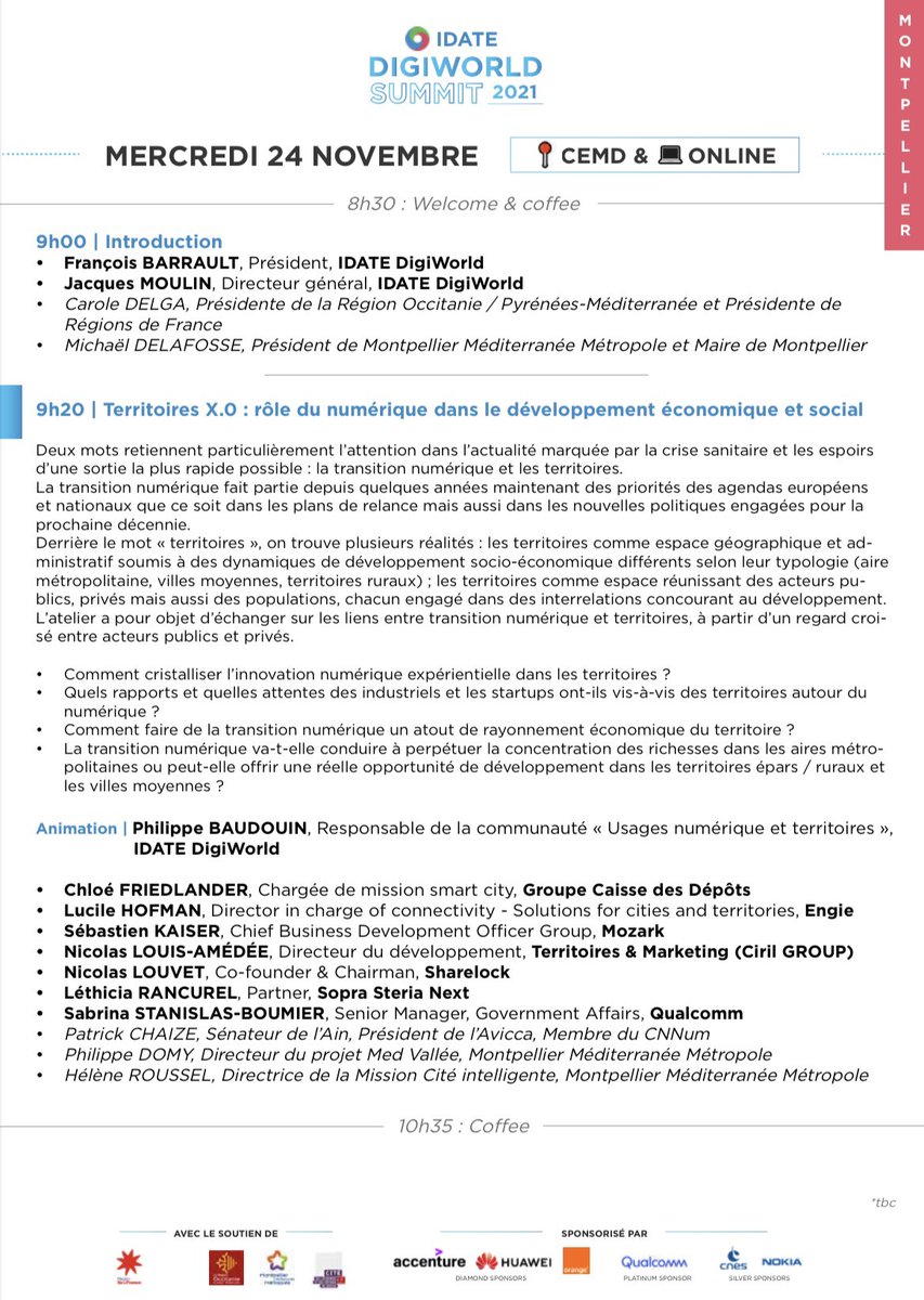 lethicia_twitt's tweet photo. [SAVE THE DATE] 23 et 24 novembre @IDATEDigiWorld @Montpellier3m ➡️ table ronde « Territoires X.0 : rôle du numérique dans le développement économique et social » avec @caissedesdepots @ENGIEgroup @mozarkglobal @Qualcomm_FR @CirilGroup @SharelockDatavz #DWS21 #collterr #data https://t.co/pNZy77SgCt