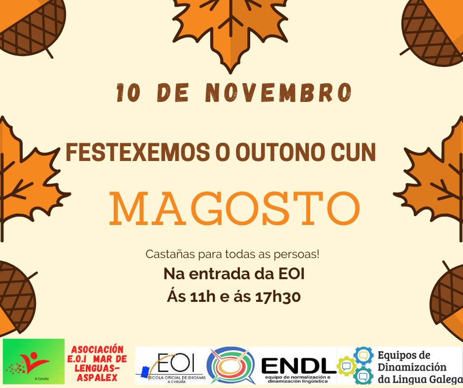 Este mércores día 10, véspera do san Martiño, celebramos o #magosto na EOI! Haberá castañas de balde para o noso alumnado, en dúas quendas: ás 11.00 h e ás 17.30 h. Pásate antes de se acabaren!!
#acciónendl #tradiciónsancestrais #eoicoruna