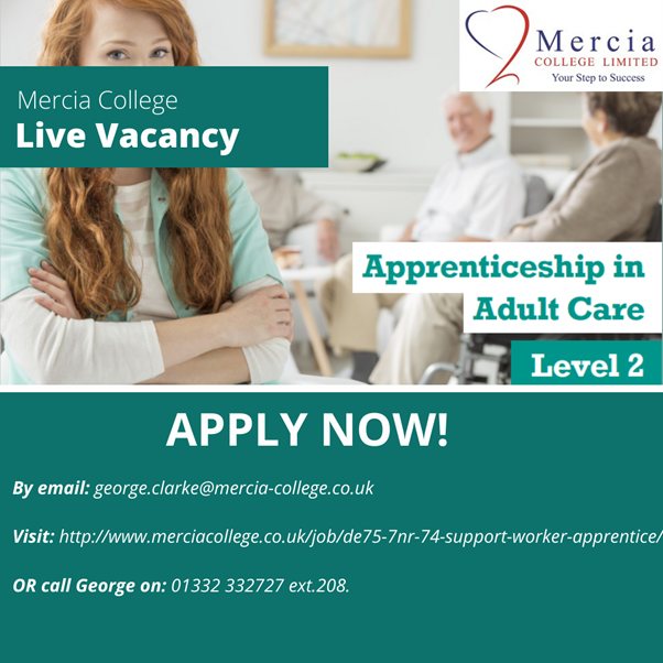 MerciaCollege's tweet photo. Are you looking to kick start your career in Care??

We are recruiting for an Adult Care Worker in Derby.

Get in touch with George on 01332332727 ext.208 for more information!

#care #apprenticeship #work #career #carersuk https://t.co/Eh3MdkJaOT