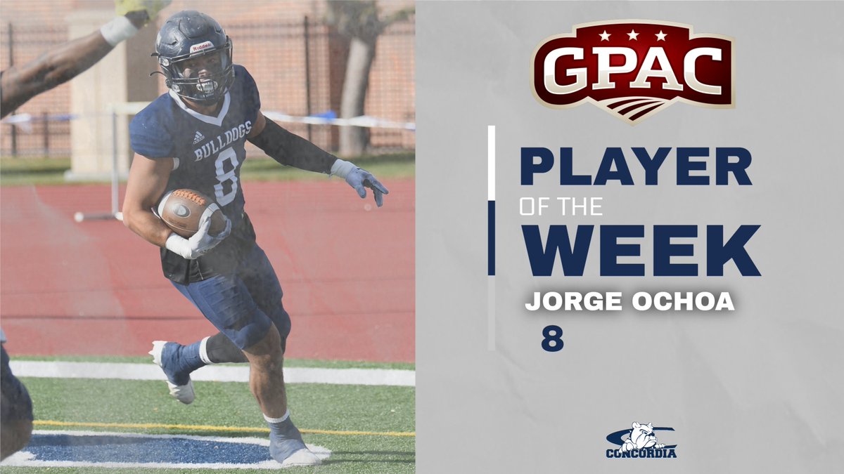 🏅 GPAC Defensive Player of the Week 🏅

🏈 Jorge Ochoa

📈 In win over Doane: 23-yard INT return for TD, 9 tackles, 1 tackle for loss, 1 pass breakup.

🔗 bit.ly/3mU53Ug.