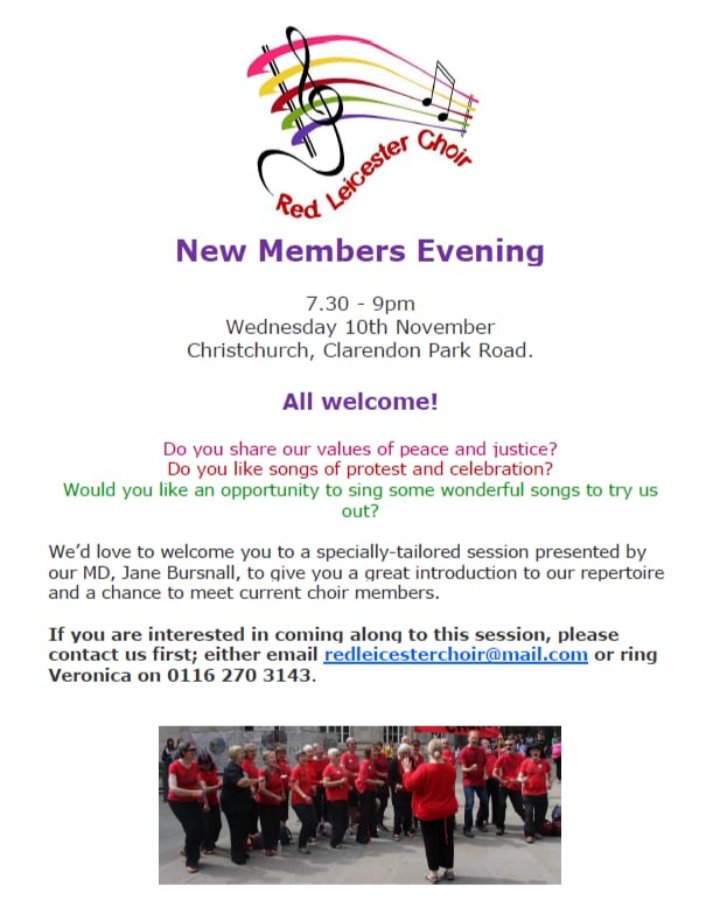 Want to sing? Come along to our new members evening on Wednesday!
10 Nov 7:30pm Christchurch Clarendon Park Road