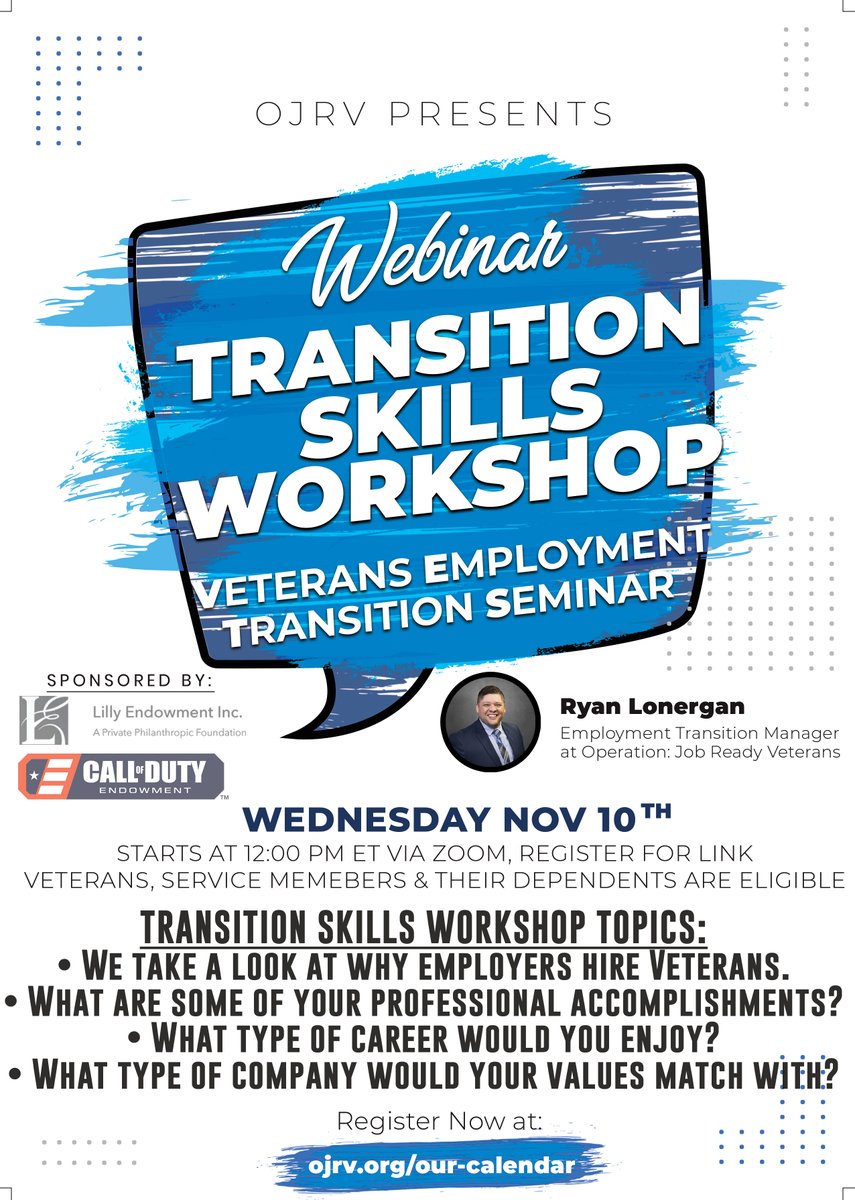 Whether you are separating from the military or making a civilian career change, Navigate your transition with ease by using this virtual workshop.

Register today! bit.ly/3wr0ns6

#veterans #training #military #employment #careergoal #transition #transitioningmilitary