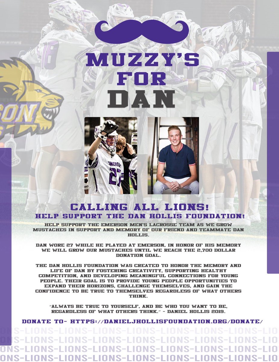 The AMAZING Emerson Men's Lacrosse Team is holding a fundraiser for the DJH Foundation.  They'll be growing mustaches until they reach $2700 in donations.  Help these amazing young men reach their goal! #EmersonMensLacrosse #DJHFoundation #MuzzysforDan