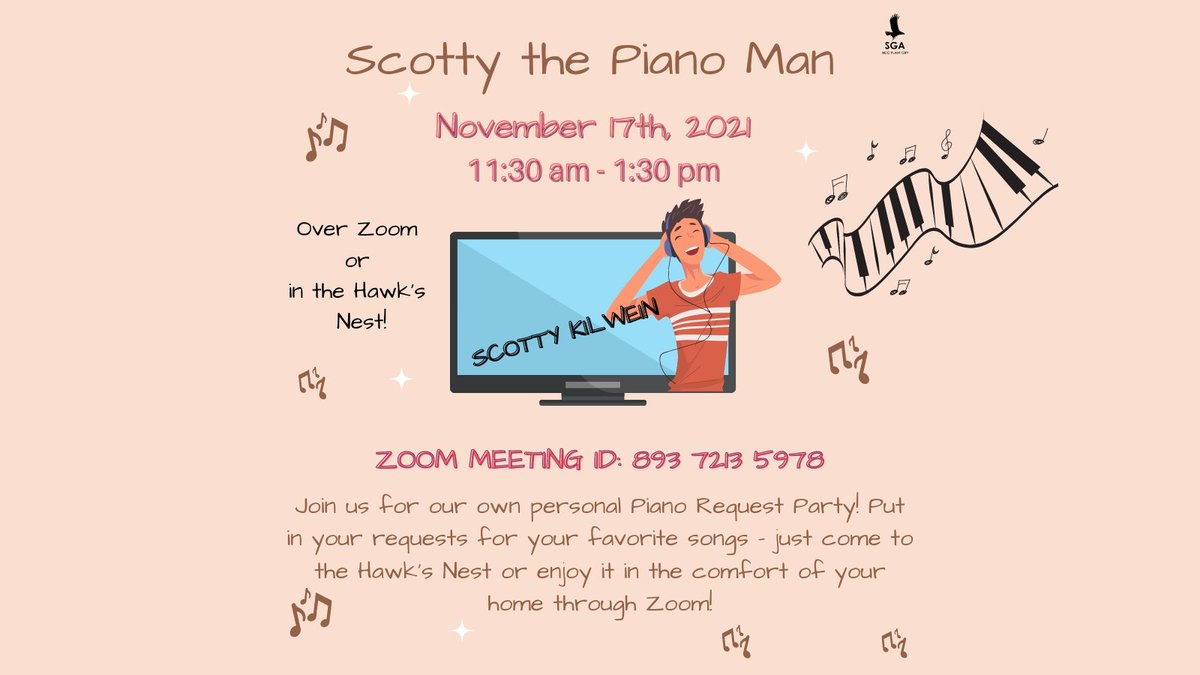 HCC_PC_SGA's tweet photo. Come to the Hawk’s Nest or tune into zoom on Wednesday, November 17th from 11:30am – 1:30pm to listen to Scotty Kilwein! Participants can make song requests and interact with others while we chill and listen to some amazing live music! https://t.co/u8rtTybItz