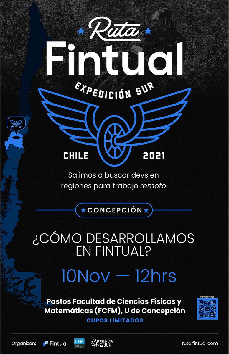 ciencia2030udec's tweet image. #RutaFintual 🚀El belga @jadorowski inició travesía en moto de dos meses por el sur buscando #Desarrolladores (Devs) #software Este miércoles 10/11 al mediodía, estará en los pastos de la #UdeC (Facultad Cs. Físicas y Matemáticas)  Inscripciones en #QR del afiche. ¡Te esperamos!