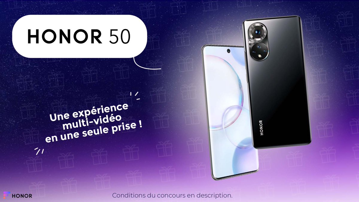 CONCOURS 🥳

Tentez de gagner un smartphone #HONOR50 

Pour participer : 
1️⃣ Répondez à la question : que permet le multi-vidéo ?  
2️⃣ RT + Like 
3️⃣ Follow <a href="/Honor_FR/">HONOR France</a> &amp; <a href="/Frandroid/">Frandroid</a> 

Indice 👉🏼 bit.ly/31uBsZl 

TAS 16/11 🎉