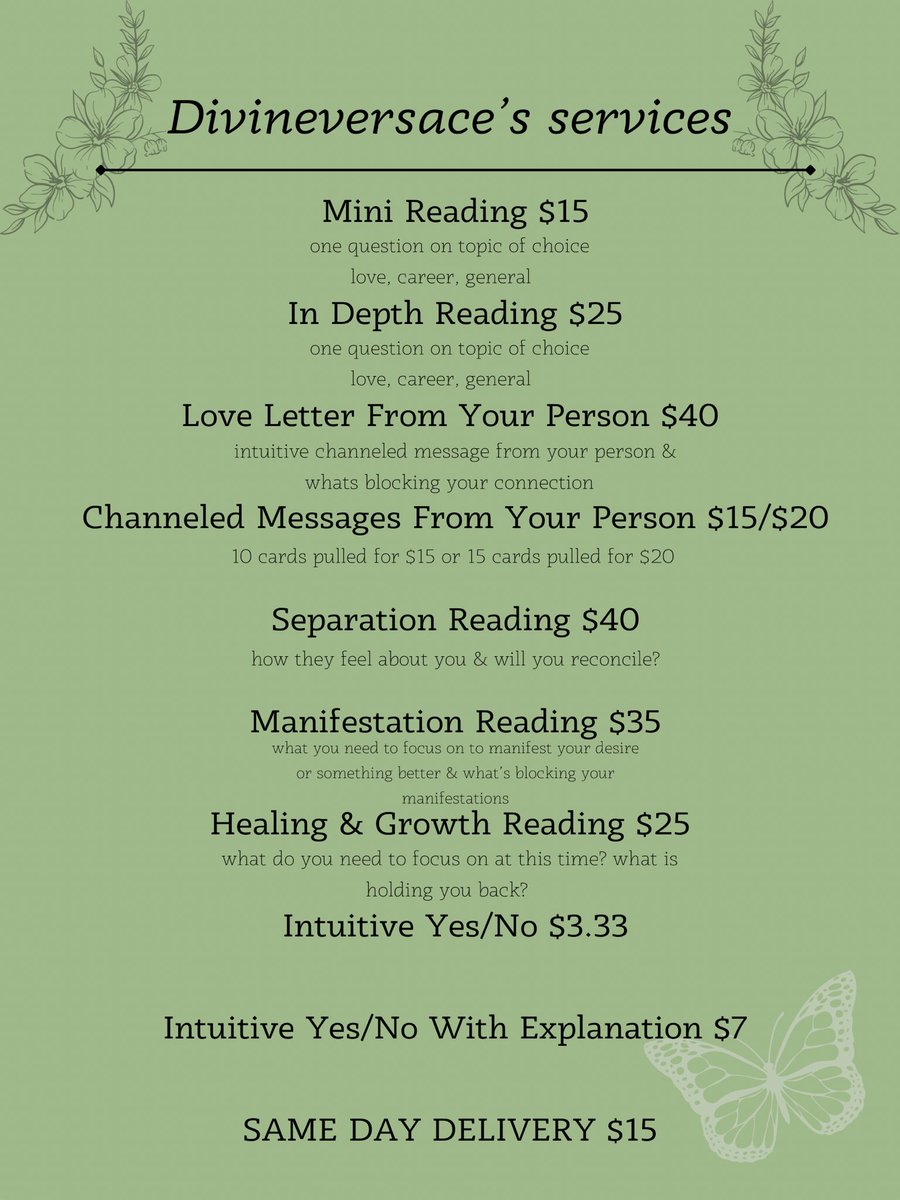 divineversace's tweet photo. hi! welcome to divineversace’s tarot! 🧚‍♂️

 ➝ if you’re interested in booking a reading with me, my services are shown below 

* everything you need in order to book, tip, or leave a review is linked here - https://t.co/I6IiLhyclE https://t.co/MlgL0NWUtw