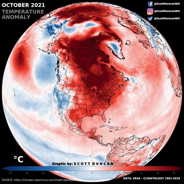 We just observed the 3rd warmest October on record globally according to <a href="/CopernicusEU/">Copernicus EU</a> 

However... Considering just land areas, this was the warmest October on record. The exceptional blob of excess heat over North America &amp; Siberia played a big role in this.