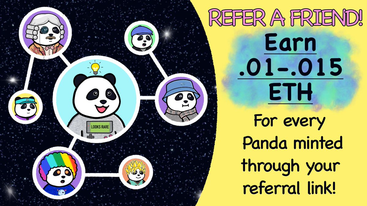 PandamoniumWLD's tweet photo. 📢Announcing #Pandamonium Rewards! 
Sign up and share your custom link to earn .01-.015Ξ for EACH Panda minted through your link! 

Yes, that means if your network mints 100 Pandas, you'll earn over 1.0Ξ! ($4770 as of this tweet)

Show us what you've got! https://t.co/SSo7t8pM3M https://t.co/pYYWBlucp9