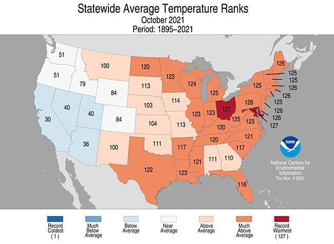 The October report from <a href="/NOAANCEI/">NOAA NCEI</a> shows #Ohio had its warmest October on record (1895-present), driven strongly by overnight low temperatures. Also the 14 wettest October over the same period. <a href="/Ohio_Climate/">State Climate Office of Ohio</a> #ohwx