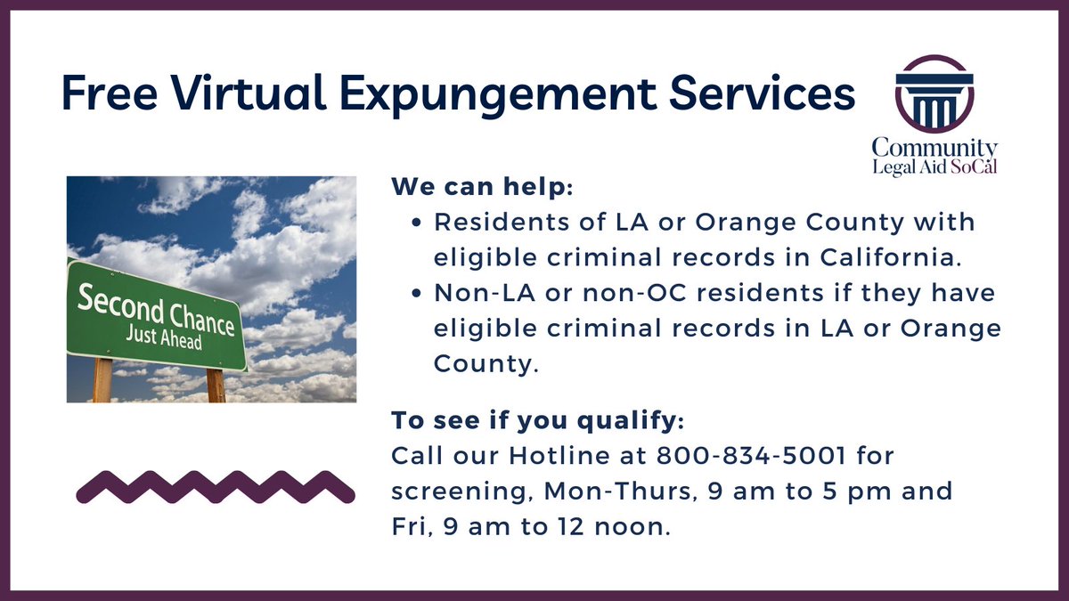 We offer FREE virtual records expungement services. Check out the below graphic and call our Intake and Assessment Hotline 800-834-5001. #LegalAid #MakingJusticeReal4SoCal #recordexpungement