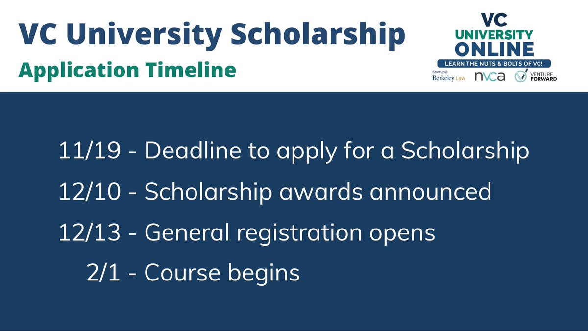 The scholarship application is NOW OPEN for the Feb. 2022 cohort of #VCUniversity ONLINE. 
 
This highly-reviewed scholarship program is offered to aspiring/early-career VCs from underrepresented backgrounds who are looking for practical training on the fundamentals of #VC.