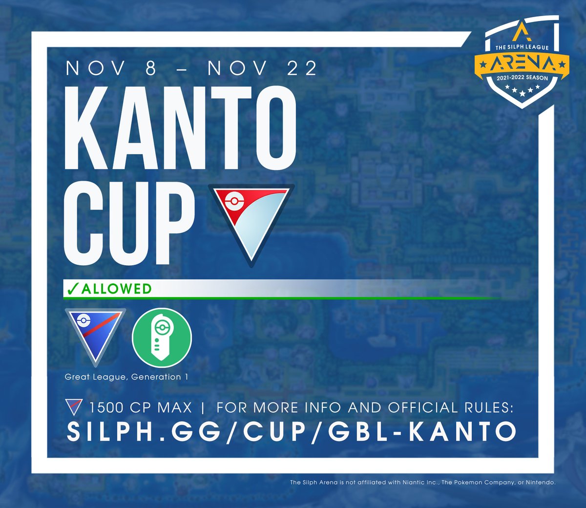SilphGG's tweet image. The #KantoCup starts in #GOBattleLeague today! Bring back the nostalgia with your battle team from Pokédex numbers #001 to #151! 

You can also host a Kanto Cup as an Arena ranked tournament until November 22nd. For more details and resources visit: silph.gg/cup/gbl-kanto