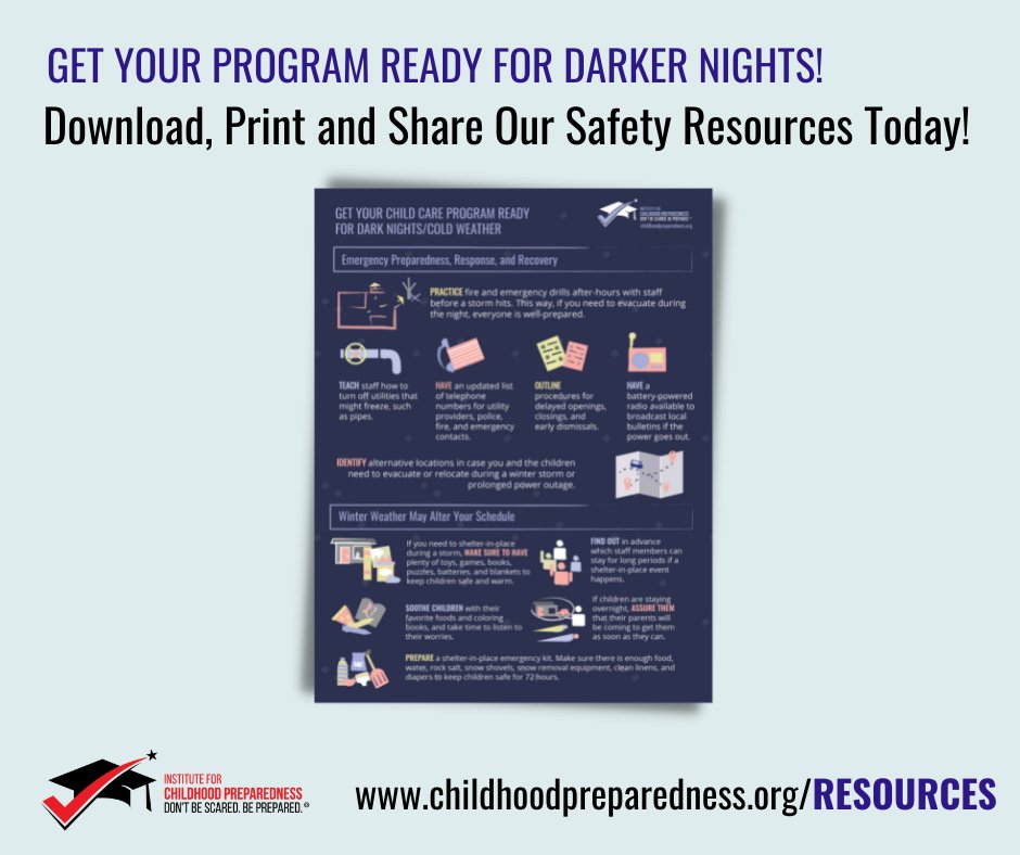 Get your program ready for darker nights and remind your staff and parents how to be safer this Fall and Winter. Download, share, and print our Darker and Colder Nights Safety Tips!
.
.
.
#darkernights #childhoodsafety #freeprintables #childhoodpreparedness