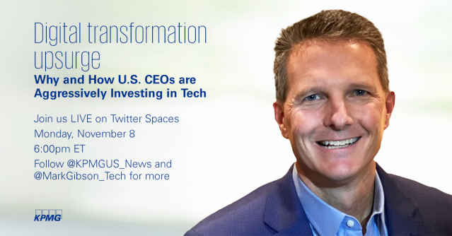 Keithcox's tweet image. 75% of U.S. Tech CEOs surveyed in this year’s #CEOOutlook say they see technological disruption as more of an opportunity than a threat. @MarkGibson_Tech joins @KPMGUS_News @TwitterSpaces at 6PM EST on 11/8 to discuss this year’s findings.