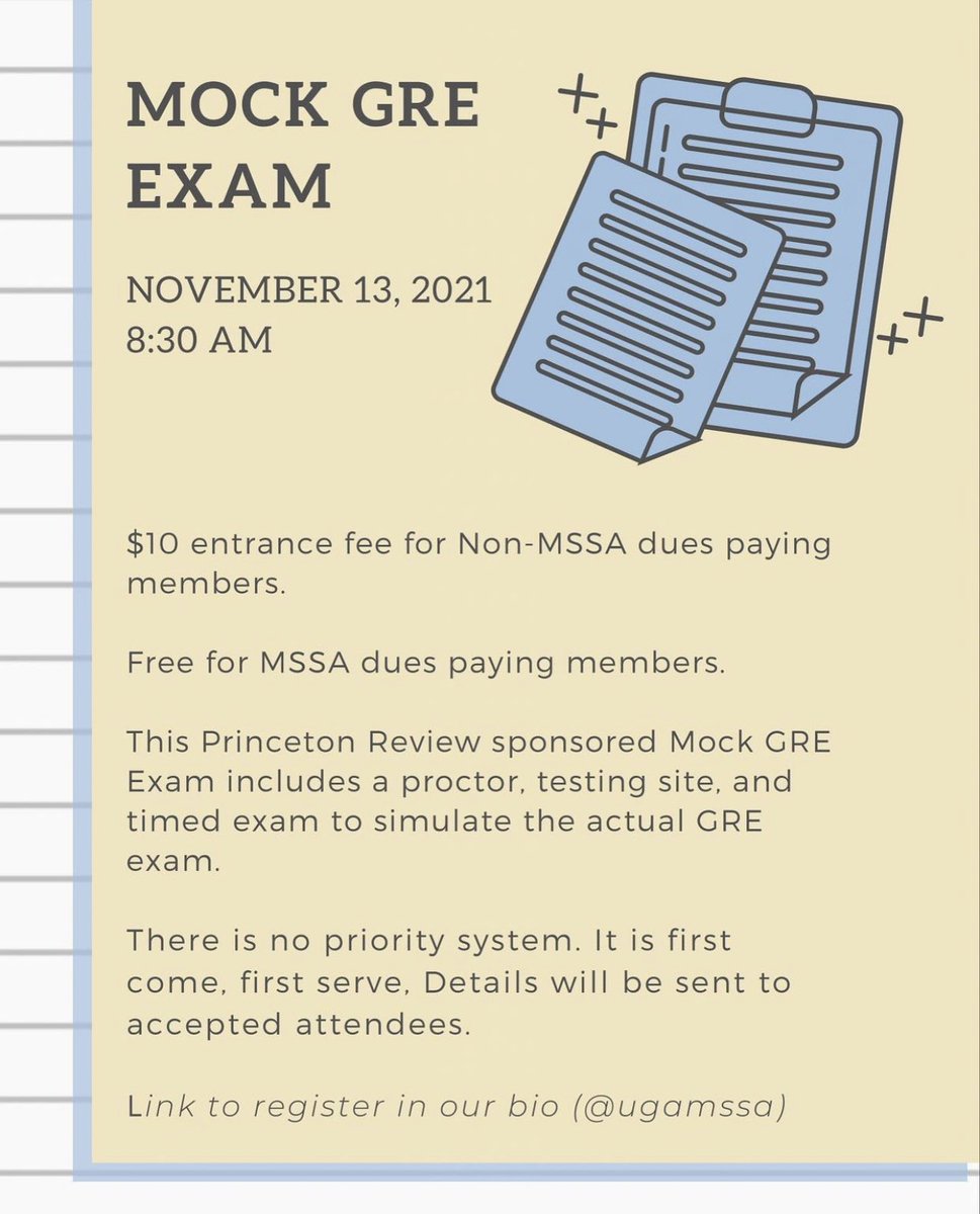 ugaMSSA's tweet image. Sign up for either an MCAT or GRE mock exam on Nov. 13 to get the chance to practice for your pre-professional entrance exams. You don’t want to miss out! The link to register is in our instagram bio 🖇

*TYPO - GRE is at 10:00AM